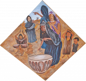 Tableau représentant des femmes mauresques et leurs enfants qui applaudissent et dansent sur un son de tamtam 